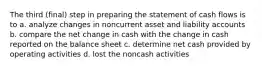 The third (final) step in preparing the statement of cash flows is to a. analyze changes in noncurrent asset and liability accounts b. compare the net change in cash with the change in cash reported on the balance sheet c. determine net cash provided by operating activities d. lost the noncash activities