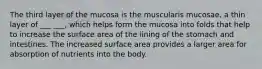 The third layer of the mucosa is the muscularis mucosae, a thin layer of ___ ___, which helps form the mucosa into folds that help to increase the surface area of the lining of the stomach and intestines. The increased surface area provides a larger area for absorption of nutrients into the body.