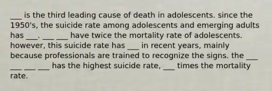 ___ is the third leading cause of death in adolescents. since the 1950's, the suicide rate among adolescents and emerging adults has ___. ___ ___ have twice the mortality rate of adolescents. however, this suicide rate has ___ in recent years, mainly because professionals are trained to recognize the signs. the ___ ___ ___ ___ has the highest suicide rate, ___ times the mortality rate.