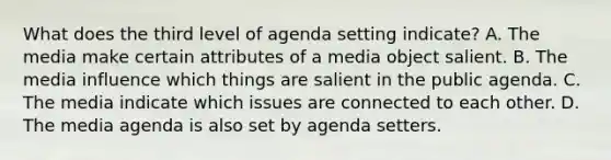 What does the third level of agenda setting indicate? A. The media make certain attributes of a media object salient. B. The media influence which things are salient in the public agenda. C. The media indicate which issues are connected to each other. D. The media agenda is also set by agenda setters.