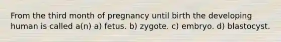 From the third month of pregnancy until birth the developing human is called a(n) a) fetus. b) zygote. c) embryo. d) blastocyst.