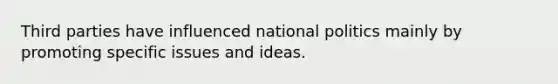 Third parties have influenced national politics mainly by promoting specific issues and ideas.