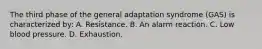 The third phase of the general adaptation syndrome (GAS) is characterized by: A. Resistance. B. An alarm reaction. C. Low blood pressure. D. Exhaustion.