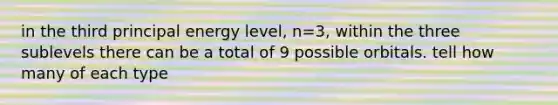 in the third principal energy level, n=3, within the three sublevels there can be a total of 9 possible orbitals. tell how many of each type