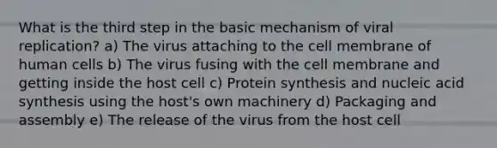 What is the third step in the basic mechanism of viral replication? a) The virus attaching to the cell membrane of human cells b) The virus fusing with the cell membrane and getting inside the host cell c) Protein synthesis and nucleic acid synthesis using the host's own machinery d) Packaging and assembly e) The release of the virus from the host cell