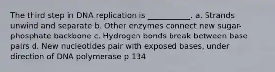 The third step in DNA replication is ___________. a. Strands unwind and separate b. Other enzymes connect new sugar-phosphate backbone c. Hydrogen bonds break between base pairs d. New nucleotides pair with exposed bases, under direction of DNA polymerase p 134