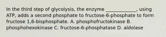 In the third step of glycolysis, the enzyme _____________, using ATP, adds a second phosphate to fructose-6-phosphate to form fructose 1,6-bisphosphate. A. phosphofructokinase B. phosphohexokinase C. fructose-6-phosphatase D. aldolase