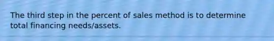 The third step in the percent of sales method is to determine total financing needs/assets.