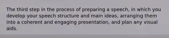 The third step in the process of preparing a speech, in which you develop your speech structure and main ideas, arranging them into a coherent and engaging presentation, and plan any visual aids.