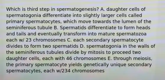 Which is third step in spermatogenesis? A. daughter cells of spermatogonia differentiate into slightly larger cells called primary spermatocytes, which move towards the lumen of the seminiferous tubule B. Spermatids differentiate to form heads and tails and eventually transform into mature spermatozoa each w/ 23 chromosomes C. each secondary spermatocyte divides to form two spermatids D. spermatogonia in the walls of the seminiferous tubules divide by mitosis to proceed two daughter cells, each with 46 chromosomes E. through meiosis, the primary spermatocyte yields genetically unique secondary spermatocytes, each w/234 chromosomes