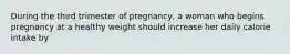 During the third trimester of pregnancy, a woman who begins pregnancy at a healthy weight should increase her daily calorie intake by