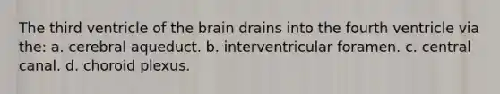 The third ventricle of the brain drains into the fourth ventricle via the: a. cerebral aqueduct. b. interventricular foramen. c. central canal. d. choroid plexus.