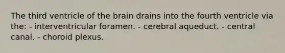 The third ventricle of the brain drains into the fourth ventricle via the: - interventricular foramen. - cerebral aqueduct. - central canal. - choroid plexus.