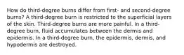 How do third-degree burns differ from first- and second-degree burns? A third-degree burn is restricted to the superficial layers of the skin. Third-degree burns are more painful. In a third-degree burn, fluid accumulates between the dermis and epidermis. In a third-degree burn, the epidermis, dermis, and hypodermis are destroyed.