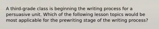 A third-grade class is beginning the writing process for a persuasive unit. Which of the following lesson topics would be most applicable for the prewriting stage of the writing process?