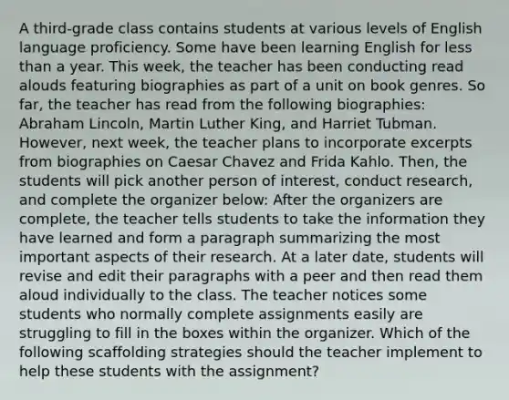 A third-grade class contains students at various levels of English language proficiency. Some have been learning English for less than a year. This week, the teacher has been conducting read alouds featuring biographies as part of a unit on book genres. So far, the teacher has read from the following biographies: Abraham Lincoln, Martin Luther King, and Harriet Tubman. However, next week, the teacher plans to incorporate excerpts from biographies on Caesar Chavez and Frida Kahlo. Then, the students will pick another person of interest, conduct research, and complete the organizer below: After the organizers are complete, the teacher tells students to take the information they have learned and form a paragraph summarizing the most important aspects of their research. At a later date, students will revise and edit their paragraphs with a peer and then read them aloud individually to the class. The teacher notices some students who normally complete assignments easily are struggling to fill in the boxes within the organizer. Which of the following scaffolding strategies should the teacher implement to help these students with the assignment?