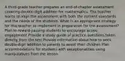 A third-grade teacher prepares an end-of-chapter assessment covering double-digit addition for mathematics. The teacher wants to align the assessment with both the content standards and the needs of the students. What is an appropriate strategy for this teacher to implement in preparation for the assessment? Plan to reward passing students to encourage active engagement Provide a study guide of practice questions taken directly from the test Provide information about how to work double-digit addition to parents to assist their children Plan accommodations for students with exceptionalities using manipulatives from the lesson