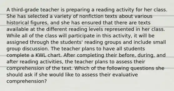 A third-grade teacher is preparing a reading activity for her class. She has selected a variety of nonfiction texts about various historical figures, and she has ensured that there are texts available at the different reading levels represented in her class. While all of the class will participate in this activity, it will be assigned through the students' reading groups and include small group discussion. The teacher plans to have all students complete a KWL chart. After completing their before, during, and after reading activities, the teacher plans to assess their comprehension of the text. Which of the following questions she should ask if she would like to assess their evaluative comprehension?