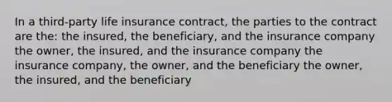 In a third-party life insurance contract, the parties to the contract are the: the insured, the beneficiary, and the insurance company the owner, the insured, and the insurance company the insurance company, the owner, and the beneficiary the owner, the insured, and the beneficiary