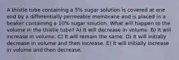 A thistle tube containing a 5% sugar solution is covered at one end by a differentially permeable membrane and is placed in a beaker containing a 10% sugar solution. What will happen to the volume in the thistle tube? A) It will decrease in volume. B) It will increase in volume. C) It will remain the same. D) It will initially decrease in volume and then increase. E) It will initially increase in volume and then decrease.