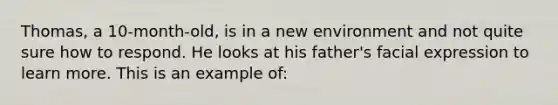 Thomas, a 10-month-old, is in a new environment and not quite sure how to respond. He looks at his father's facial expression to learn more. This is an example of: