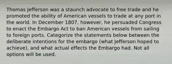 Thomas Jefferson was a staunch advocate to free trade and he promoted the ability of American vessels to trade at any port in the world. In December 1807, however, he persuaded Congress to enact the Embargo Act to ban American vessels from sailing to foreign ports. Categorize the statements below between the deliberate intentions for the embargo (what Jefferson hoped to achieve), and what actual effects the Embargo had. Not all options will be used.