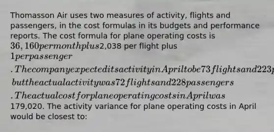 Thomasson Air uses two measures of activity, flights and passengers, in the cost formulas in its budgets and performance reports. The cost formula for plane operating costs is 36,160 per month plus2,038 per flight plus 1 per passenger. The company expected its activity in April to be 73 flights and 223 passengers, but the actual activity was 72 flights and 228 passengers. The actual cost for plane operating costs in April was179,020. The activity variance for plane operating costs in April would be closest to: