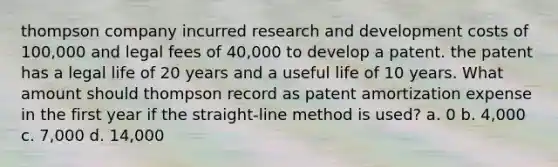 thompson company incurred research and development costs of 100,000 and legal fees of 40,000 to develop a patent. the patent has a legal life of 20 years and a useful life of 10 years. What amount should thompson record as patent amortization expense in the first year if the straight-line method is used? a. 0 b. 4,000 c. 7,000 d. 14,000