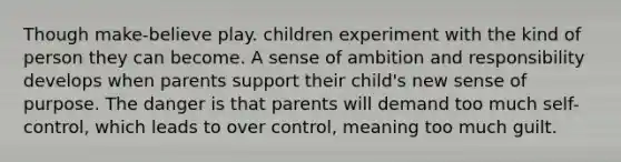 Though make-believe play. children experiment with the kind of person they can become. A sense of ambition and responsibility develops when parents support their child's new sense of purpose. The danger is that parents will demand too much self-control, which leads to over control, meaning too much guilt.