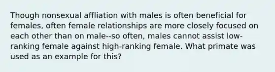 Though nonsexual affliation with males is often beneficial for females, often female relationships are more closely focused on each other than on male--so often, males cannot assist low-ranking female against high-ranking female. What primate was used as an example for this?