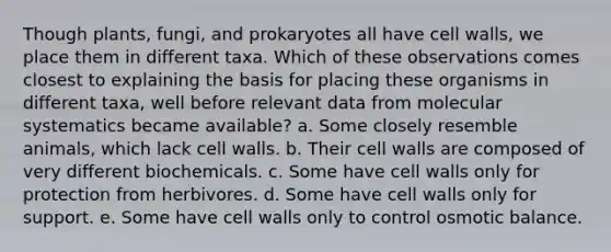 Though plants, fungi, and prokaryotes all have cell walls, we place them in different taxa. Which of these observations comes closest to explaining the basis for placing these organisms in different taxa, well before relevant data from molecular systematics became available? a. Some closely resemble animals, which lack cell walls. b. Their cell walls are composed of very different biochemicals. c. Some have cell walls only for protection from herbivores. d. Some have cell walls only for support. e. Some have cell walls only to control osmotic balance.