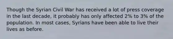 Though the Syrian Civil War has received a lot of press coverage in the last decade, it probably has only affected 2% to 3% of the population. In most cases, Syrians have been able to live their lives as before.