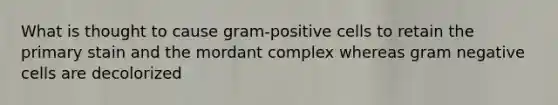 What is thought to cause gram-positive cells to retain the primary stain and the mordant complex whereas gram negative cells are decolorized