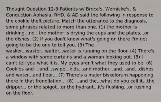 Thought Question 12-3 Patients w/ Broca's, Wernicke's, & Conduction Aphasia, RHD, & AD said the following in response to the cookie theft picture. Match the utterance to the diagnosis, some phrases related to more than one. (1) the mother is drinking...no...the mother is drying the cups and the plates...or the dishes. (2) If you don't know what's going on there I'm not going to be the one to tell you. (3) The wasker...waster...walter...water is running on the floor. (4) There's a window with some curtains and a woman looking out. (5) I can't tell you what it is. My eyes aren't what they used to be. (6) Cookies and ...and...swipe...kids...and mother...and...and...dishes and water...and floor... (7) There's a major biskelorum happening there in that frenellation... (8) ...and the,,,what do you call it...the dripper... or the spigot...or the hydrant...it's flushing...or rushing on the floor.