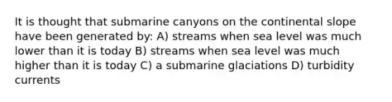 It is thought that submarine canyons on the continental slope have been generated by: A) streams when sea level was much lower than it is today B) streams when sea level was much higher than it is today C) a submarine glaciations D) turbidity currents