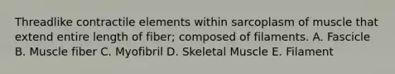 Threadlike contractile elements within sarcoplasm of muscle that extend entire length of fiber; composed of filaments. A. Fascicle B. Muscle fiber C. Myofibril D. Skeletal Muscle E. Filament