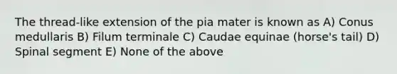 The thread-like extension of the pia mater is known as A) Conus medullaris B) Filum terminale C) Caudae equinae (horse's tail) D) Spinal segment E) None of the above