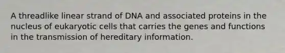 A threadlike linear strand of DNA and associated proteins in the nucleus of eukaryotic cells that carries the genes and functions in the transmission of hereditary information.