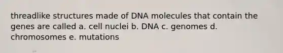 threadlike structures made of DNA molecules that contain the genes are called a. cell nuclei b. DNA c. genomes d. chromosomes e. mutations