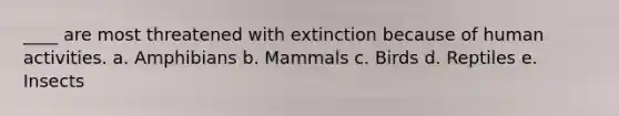 ____ are most threatened with extinction because of human activities. a. Amphibians b. Mammals c. Birds d. Reptiles e. Insects