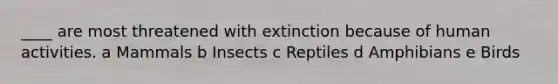 ____ are most threatened with extinction because of human activities. a Mammals b Insects c Reptiles d Amphibians e Birds