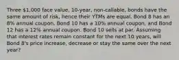 Three 1,000 face value, 10-year, non-callable, bonds have the same amount of risk, hence their YTMs are equal. Bond 8 has an 8% annual coupon, Bond 10 has a 10% annual coupon, and Bond 12 has a 12% annual coupon. Bond 10 sells at par. Assuming that interest rates remain constant for the next 10 years, will Bond 8's price increase, decrease or stay the same over the next year?