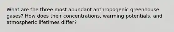 What are the three most abundant anthropogenic greenhouse gases? How does their concentrations, warming potentials, and atmospheric lifetimes differ?