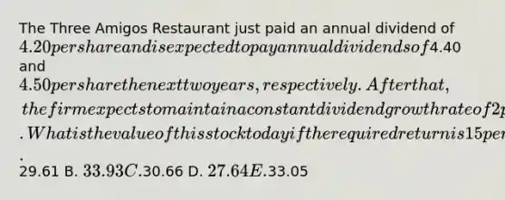 The Three Amigos Restaurant just paid an annual dividend of 4.20 per share and is expected to pay annual dividends of4.40 and4.50 per share the next two years, respectively. After that, the firm expects to maintain a constant dividend growth rate of 2 percent per year. What is the value of this stock today if the required return is 15 percent? A.29.61 B. 33.93 C.30.66 D. 27.64 E.33.05