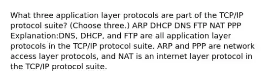 What three application layer protocols are part of the TCP/IP protocol suite? (Choose three.) ARP DHCP DNS FTP NAT PPP Explanation:DNS, DHCP, and FTP are all application layer protocols in the TCP/IP protocol suite. ARP and PPP are network access layer protocols, and NAT is an internet layer protocol in the TCP/IP protocol suite.