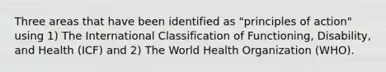 Three areas that have been identified as "principles of action" using 1) The International Classification of Functioning, Disability, and Health (ICF) and 2) The World Health Organization (WHO).