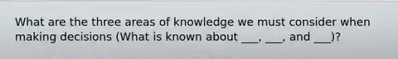 What are the three areas of knowledge we must consider when making decisions (What is known about ___, ___, and ___)?