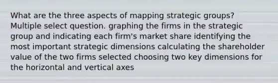 What are the three aspects of mapping strategic groups? Multiple select question. graphing the firms in the strategic group and indicating each firm's market share identifying the most important strategic dimensions calculating the shareholder value of the two firms selected choosing two key dimensions for the horizontal and vertical axes