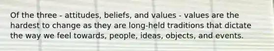 Of the three - attitudes, beliefs, and values - values are the hardest to change as they are long-held traditions that dictate the way we feel towards, people, ideas, objects, and events.