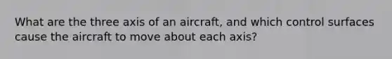 What are the three axis of an aircraft, and which control surfaces cause the aircraft to move about each axis?